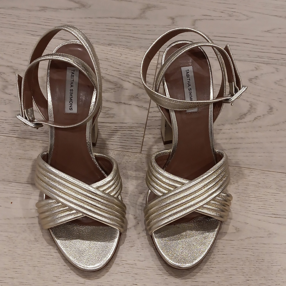 TABITHA SIMMONS Gold Leather Block Heel Sandals Size 37